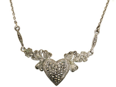 Art Deco Silver & Marcasite Heart Shaped Necklace