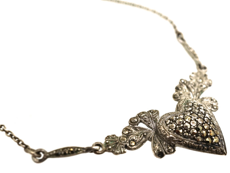 Art Deco Silver & Marcasite Heart Shaped Necklace