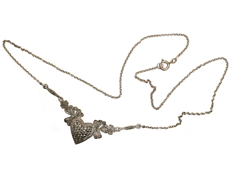 Art Deco Silver & Marcasite Heart Shaped Necklace