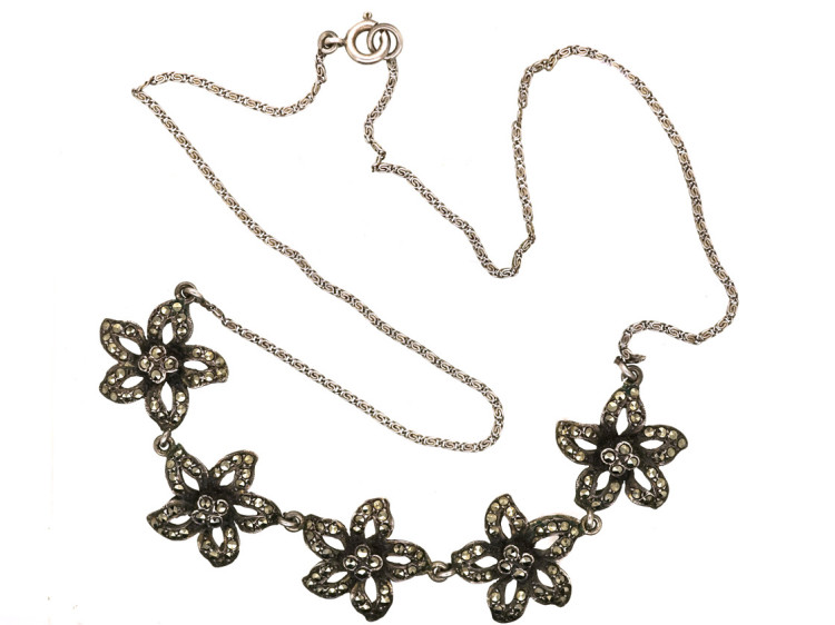 Art Deco Silver & Marcasite Flowers Necklace