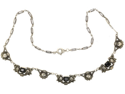 Art Deco Silver, Onyx & Marcasite Necklace