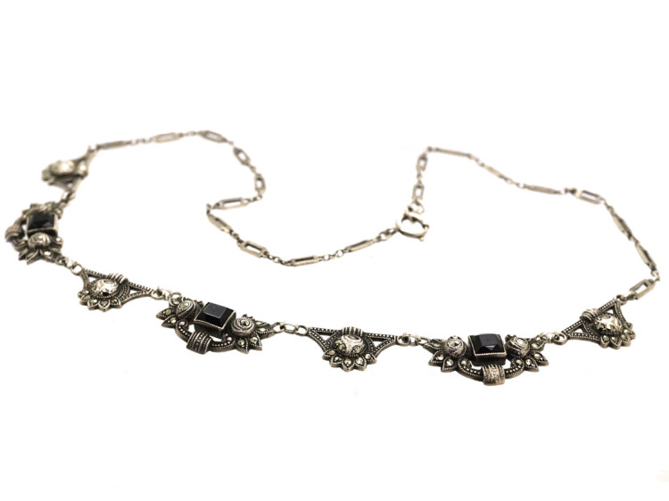 Art Deco Silver, Onyx & Marcasite Necklace