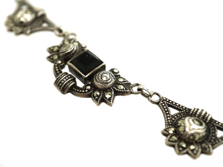 Art Deco Silver, Onyx & Marcasite Necklace