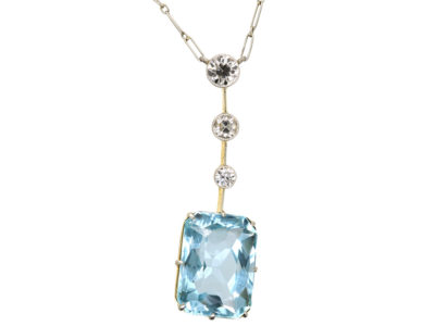 Art Deco Aquamarine & Diamond Pendant on Platinum Chain