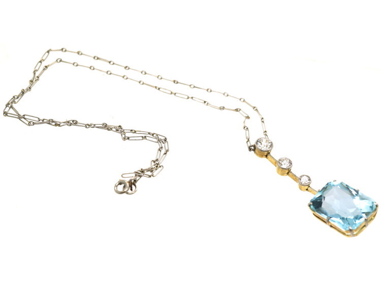 Art Deco Aquamarine & Diamond Pendant on Platinum Chain