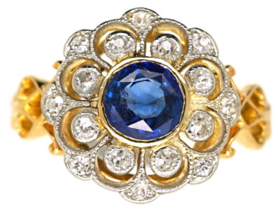 Edwardian 18ct Gold, Platinum, Sapphire & Diamond Cluster Ring