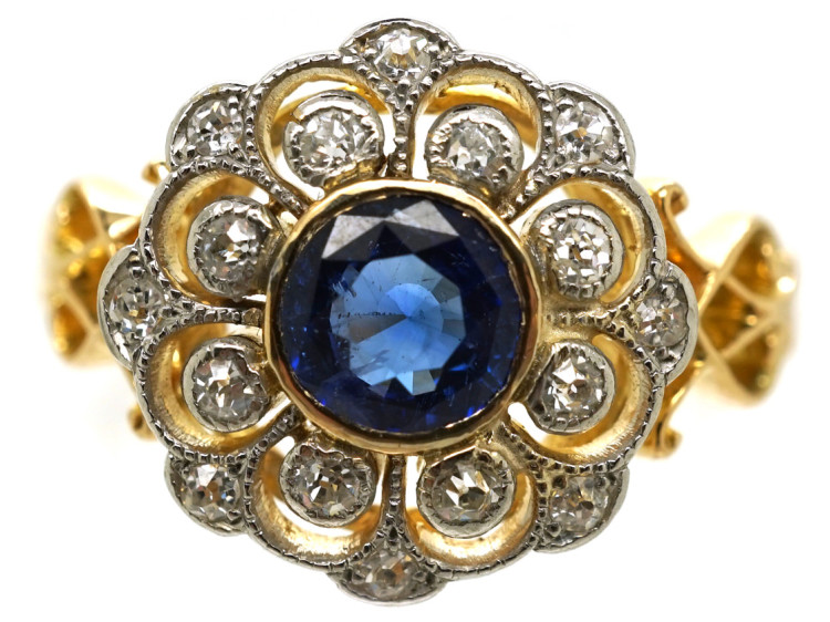 Edwardian 18ct Gold, Platinum, Sapphire & Diamond Cluster Ring