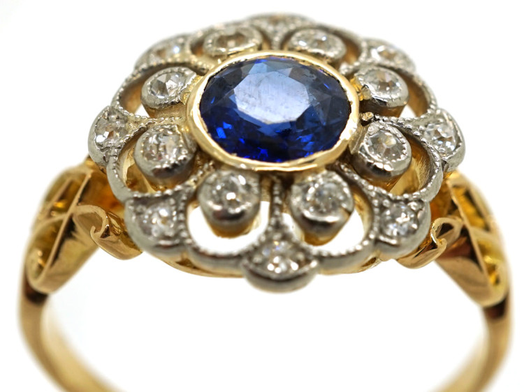 Edwardian 18ct Gold, Platinum, Sapphire & Diamond Cluster Ring