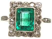 Art Deco 18ct Gold, Platinum, Emerald & Diamond Rectangular Ring