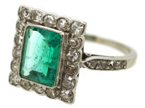 Art Deco 18ct Gold, Platinum, Emerald & Diamond Rectangular Ring