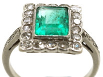 Art Deco 18ct Gold, Platinum, Emerald & Diamond Rectangular Ring