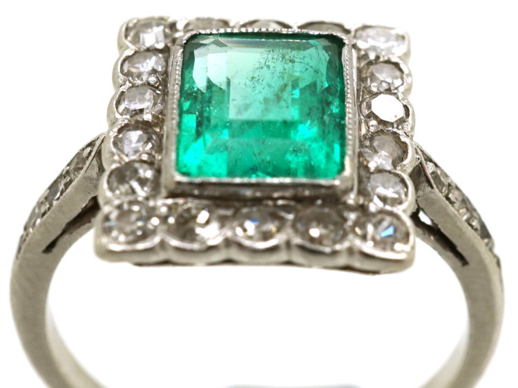 Art Deco 18ct Gold, Platinum, Emerald & Diamond Rectangular Ring