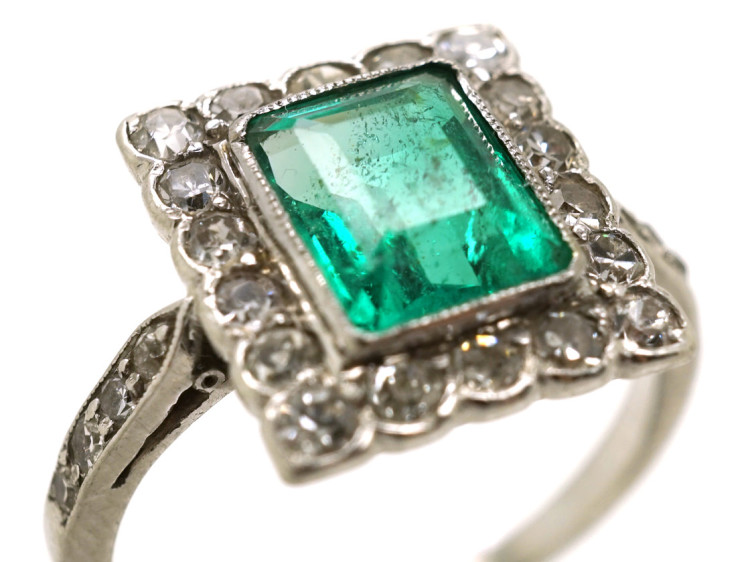 Art Deco 18ct Gold, Platinum, Emerald & Diamond Rectangular Ring