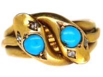 Victorian 18ct Gold Double Snake Ring set with Turquoise & Rose Diamonds