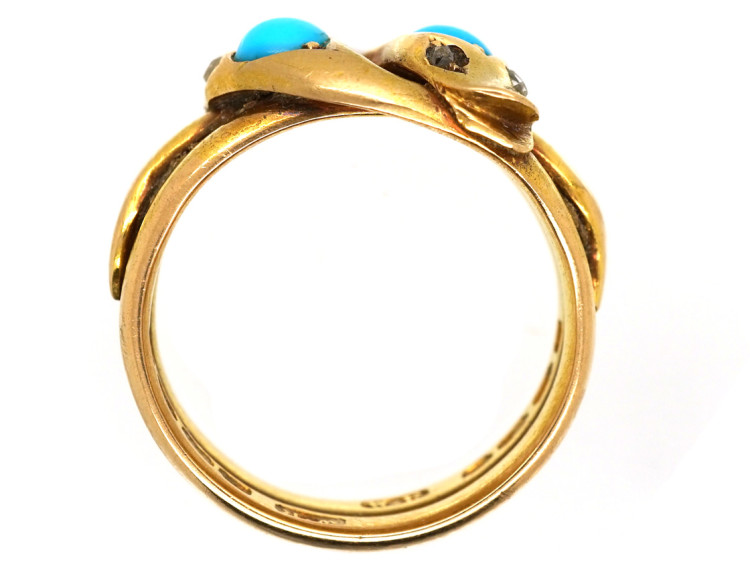 Victorian 18ct Gold Double Snake Ring set with Turquoise & Rose Diamonds
