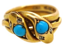 Victorian 18ct Gold Double Snake Ring set with Turquoise & Rose Diamonds