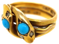 Victorian 18ct Gold Double Snake Ring set with Turquoise & Rose Diamonds