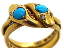 Victorian 18ct Gold Double Snake Ring set with Turquoise & Rose Diamonds