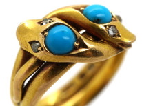 Victorian 18ct Gold Double Snake Ring set with Turquoise & Rose Diamonds