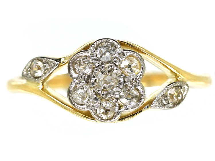 Edwardian 18ct Gold, Platinum, Diamond Cluster Ring with Diamond Set Shoulders
