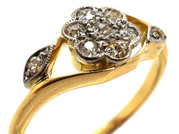 Edwardian 18ct Gold, Platinum, Diamond Cluster Ring with Diamond Set Shoulders