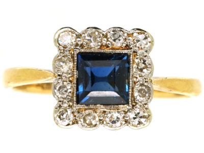 Art Deco 18ct Gold, Platinum, Sapphire & Diamond Square Ring