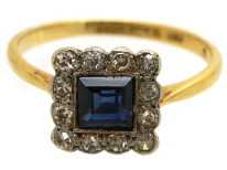 Art Deco 18ct Gold, Platinum, Sapphire & Diamond Square Ring
