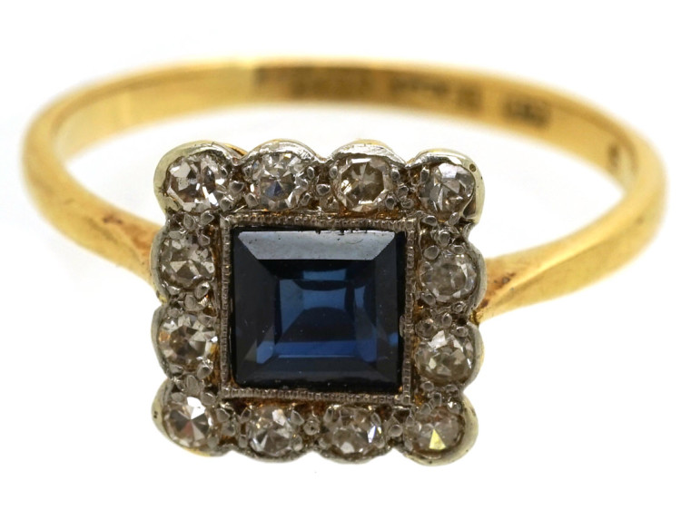 Art Deco 18ct Gold, Platinum, Sapphire & Diamond Square Ring