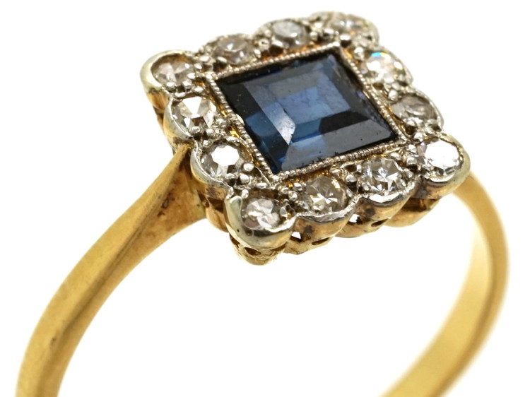 Art Deco 18ct Gold, Platinum, Sapphire & Diamond Square Ring