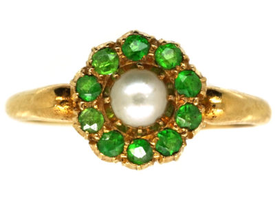 Edwardian 18ct Gold, Green Garnet & Natural Pearl Ring