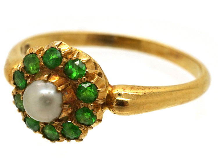 Edwardian 18ct Gold, Green Garnet & Natural Pearl Ring