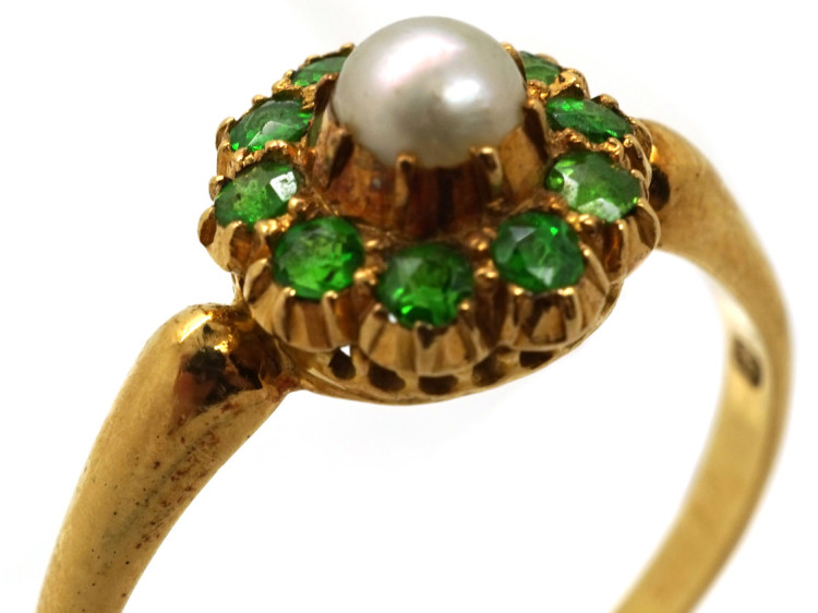 Edwardian 18ct Gold, Green Garnet & Natural Pearl Ring