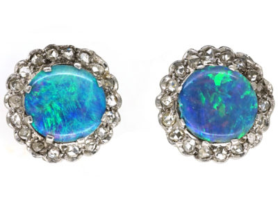 Art Deco 18ct White Gold, Opal Doublet & Rose Diamond Round Earrings