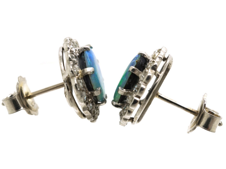Art Deco 18ct White Gold, Opal Doublet & Rose Diamond Round Earrings