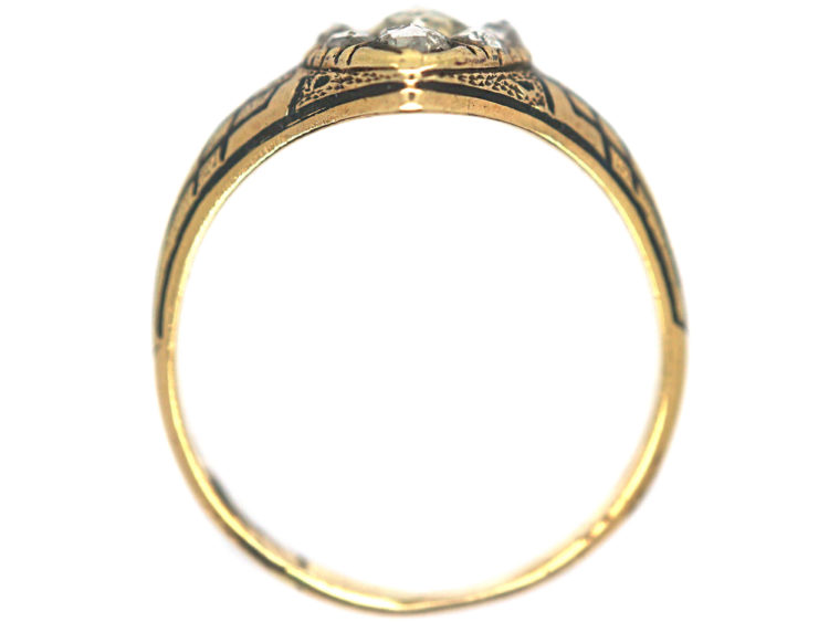 Victorian 18ct Gold & Black Enamel Marquise Ring set with Rose Diamonds