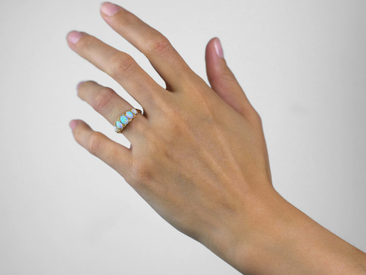 Victorian 18ct Gold, Five Stone Opal & Diamond Carved Half Hoop Ring