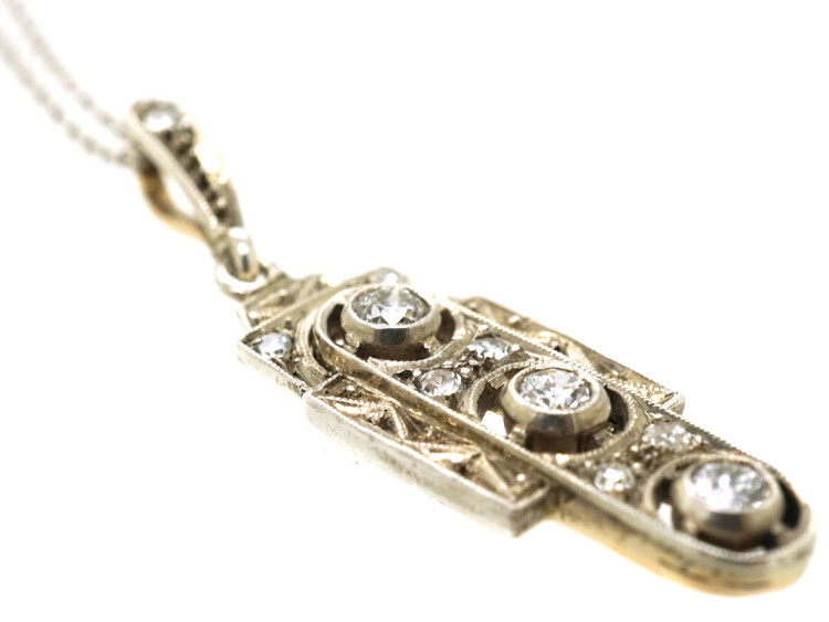 Art Deco 14ct White Gold Pendant Set With Diamonds on a Silver Chain