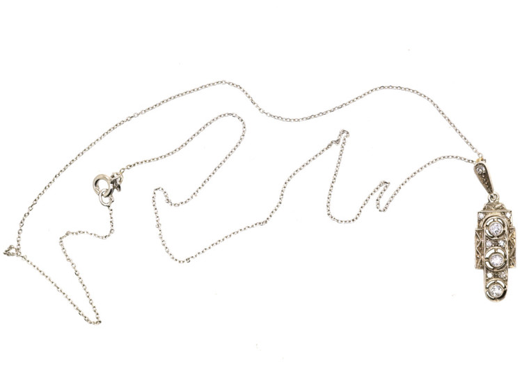 Art Deco 14ct White Gold Pendant Set With Diamonds on a Silver Chain