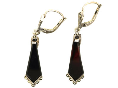 Art Deco Silver, Marcasite & Onyx Drop Earrings