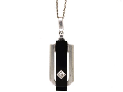 Art Deco Silver, Onyx & Diamond Pendant on a Silver Chain