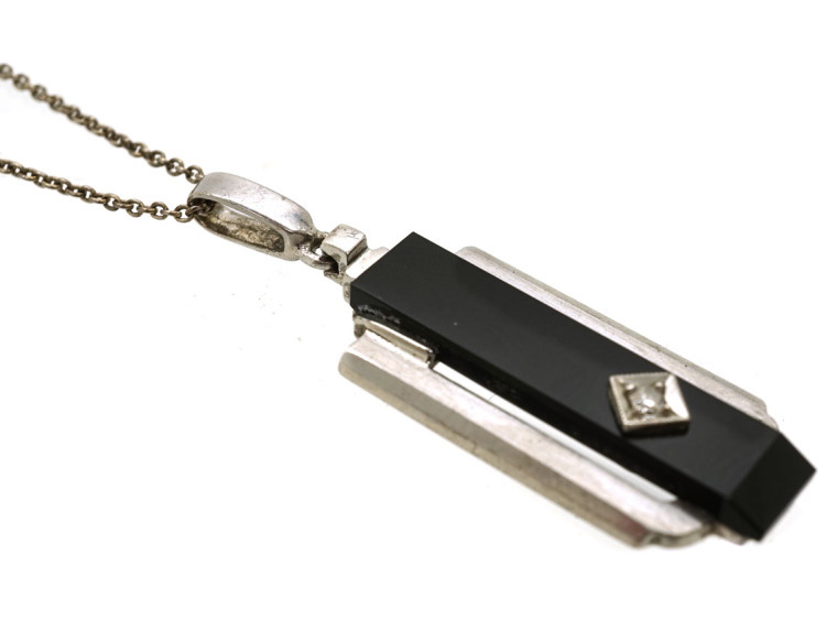 Art Deco Silver, Onyx & Diamond Pendant on a Silver Chain