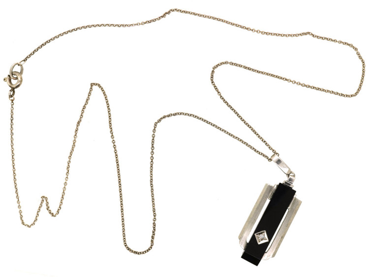 Art Deco Silver, Onyx & Diamond Pendant on a Silver Chain