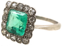 Art Deco Platinum, Emerald & Diamond Square Ring