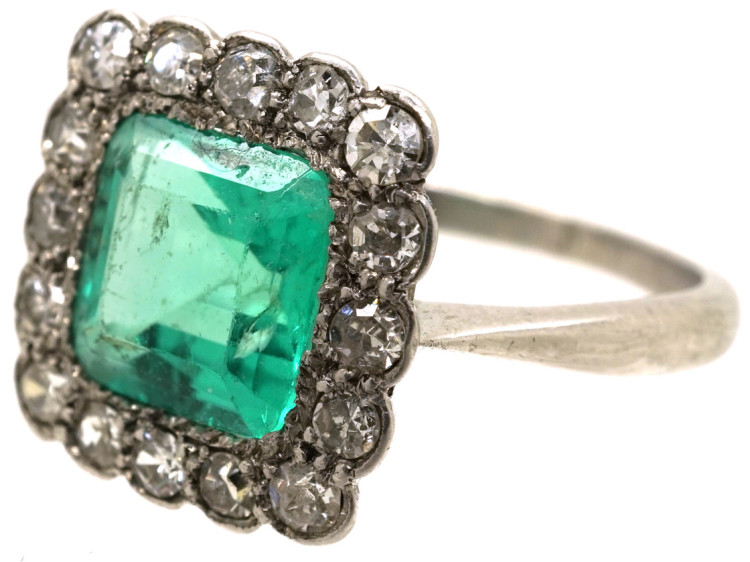 Art Deco Platinum, Emerald & Diamond Square Ring