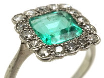 Art Deco Platinum, Emerald & Diamond Square Ring