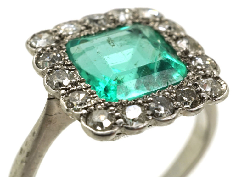 Art Deco Platinum, Emerald & Diamond Square Ring