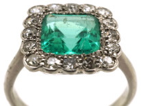 Art Deco Platinum, Emerald & Diamond Square Ring