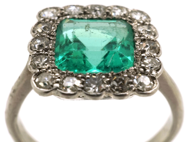 Art Deco Platinum, Emerald & Diamond Square Ring