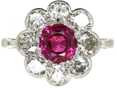 Edwardian 18ct White Gold, Platinum, Ruby & Diamond Cluster Ring