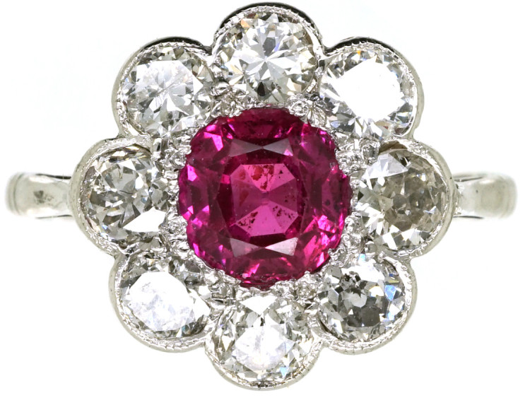 Edwardian 18ct White Gold, Platinum, Ruby & Diamond Cluster Ring